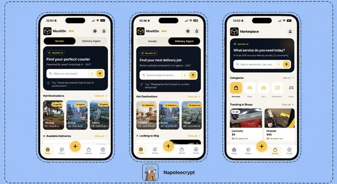 Three iPhone mockups displaying UI screens for 'MoviOn', 'MoviOn', and 'Marketplace' apps, attributed to 'Napoleocrypt' at the bottom.