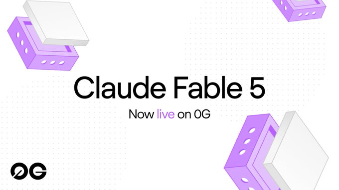 A promotional graphic announcing 'Claude Fable 5' now live on 0G, with purple 3D block illustrations.