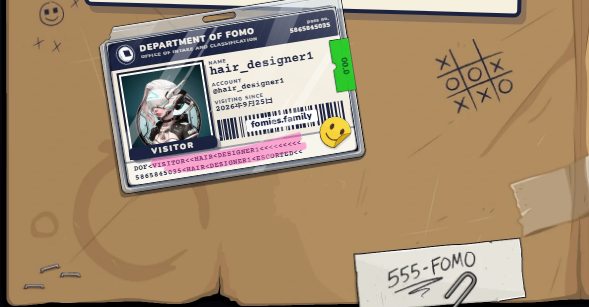 A cartoon-style ID card on a cardboard background reading 'DEPARTMENT OF FOMO' for 'hair designer1', labeled 'VISITOR' with a barcode and a yellow smiley face sticker.