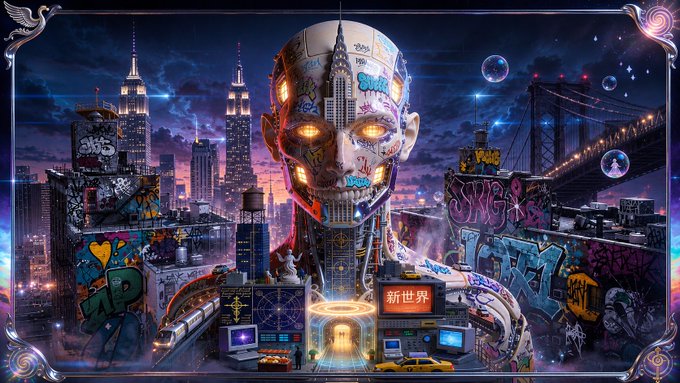 A vibrant cyberpunk-style digital artwork depicts a cityscape where buildings, graffiti, and a bridge merge into the shape of a glowing mechanical head.