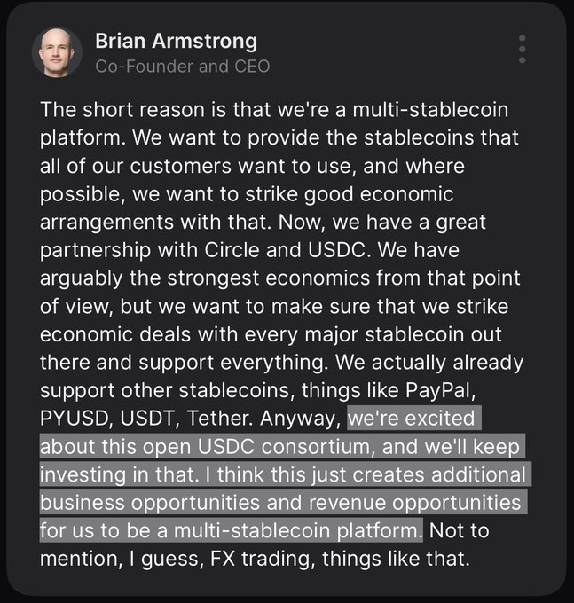 A social media post from Brian Armstrong, Co-Founder and CEO, discussing Coinbase's multi-stablecoin platform strategy, highlighting partnerships with USDC, PayPal (PYUSD), and USDT (Tether).
