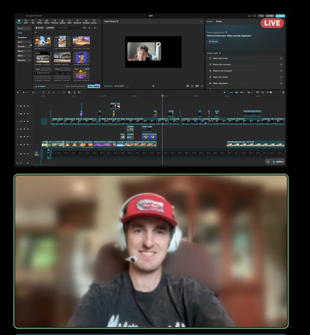 A video editing interface shows a complex timeline with multiple tracks, while a lower webcam feed displays a smiling man in a red cap and white headphones wearing a black shirt.