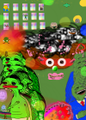 A heavily distorted and glitched image showing smeared horizontal bands of green, red, black, and pink colors.