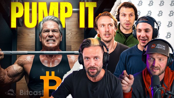 A podcast thumbnail featuring five men wearing headphones, with a stylized image of an angry muscular man lifting a barbell on the left, displaying the bold yellow text "PUMP IT" and the Bitcoin logo, alongside the "Bitcas" branding. The image visually reinforces the post's theme of a major Bitcoin price squeeze ("pumping") with Bessent unable to contain the bullish momentum.