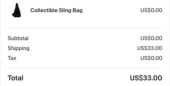 An order summary showing a "Collectible Sling Bag" with a US$0.00 subtotal, US$33.00 shipping, and a total of US$33.00.