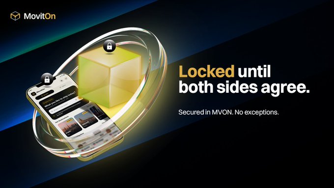 The image is a promotional graphic for MovitOn featuring a glowing yellow cube secured within ringed digital locks alongside a smartphone displaying a chat interface. The text reads "Locked until both sides agree" and "Secured in MVON. No exceptions." This visually reinforces the post's message about using smart contracts and MVON tokens to hold shipping deposits in an automated, tamper-proof escrow that only releases when both parties confirm the transaction.