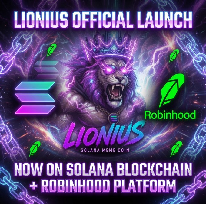 Promotional graphic for "LIONIUS OFFICIAL LAUNCH" on the Solana blockchain and Robinhood platform, featuring a roaring crowned lion with glowing purple eyes and the Robinhood feather logo.