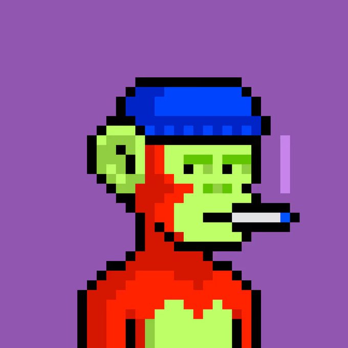 Pixel art illustration of a green-skinned zombie-like character wearing a blue beanie and red top, smoking a cigarette against a purple background.