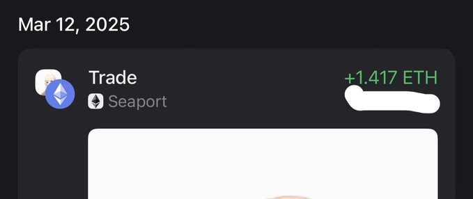 A notification dated Mar 12, 2025 shows a Seaport trade resulting in a gain of +1.417 ETH, which has been partially obscured, reflecting the NFT sale that earned the user over $2.6k. The image illustrates the successful transaction the poster is reminiscing about and hoping to replicate with future free mints.
