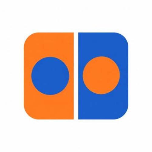 An orange and blue logo featuring two interlocking shapes with circular cutouts.