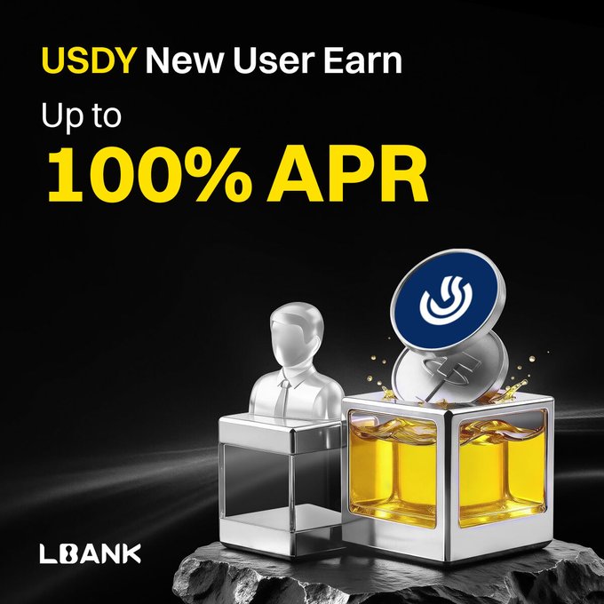 This promotional graphic for LBank features bold yellow and white text on a black background reading "USDY New User Earn Up to 100% APR," advertising a high-yield staking opportunity for the USDY token through LBank's Earn program, visually represented by a silver figure standing beside glass cubes filled with glowing yellow liquid and a large USDY coin balanced on top, reinforcing the post's message about rewarding new users who put their USDY to work on the platform.