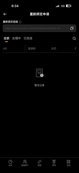 A screenshot of the "重新绑定申请" (Rebind Application) page on the Binance Affiliate dashboard, showing no records (暂无记录) for UID, 邀请码 (invitation code), and 状态 (status). The image illustrates the new feature described, where super-affiliates can send rebind links to eligible users.