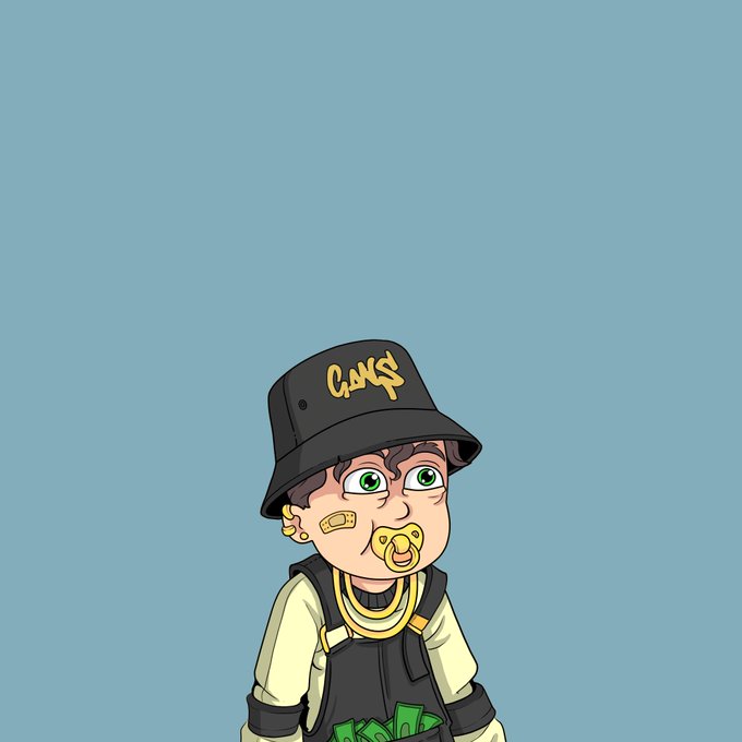 A digital cartoon illustration of a baby wearing a black bucket hat labeled 'GAN$' and a gold pacifier, holding cash against a blue background.