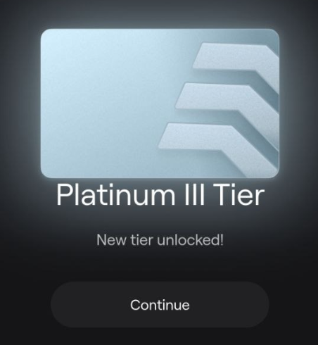 A 'Platinum III Tier' achievement notification showing 'New tier unlocked!' with a stylized 'M' logo and a 'Continue' button.