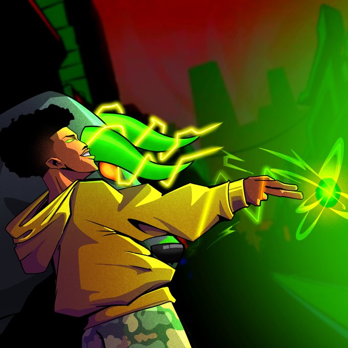 An animated illustration of a character with green energy emanating from their hand, channeling glowing green electricity against a dark cityscape.