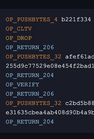 A code snippet showing Bitcoin script opcodes including OP_PUSHBYTES_4, OP_CLTV, OP_DROP, OP_RETURN_206, OP_PUSHBYTES_32 with hex values like b221f334 and afef61ad255d9c77529e08e454f2bad1, and OP_VERIFY.
