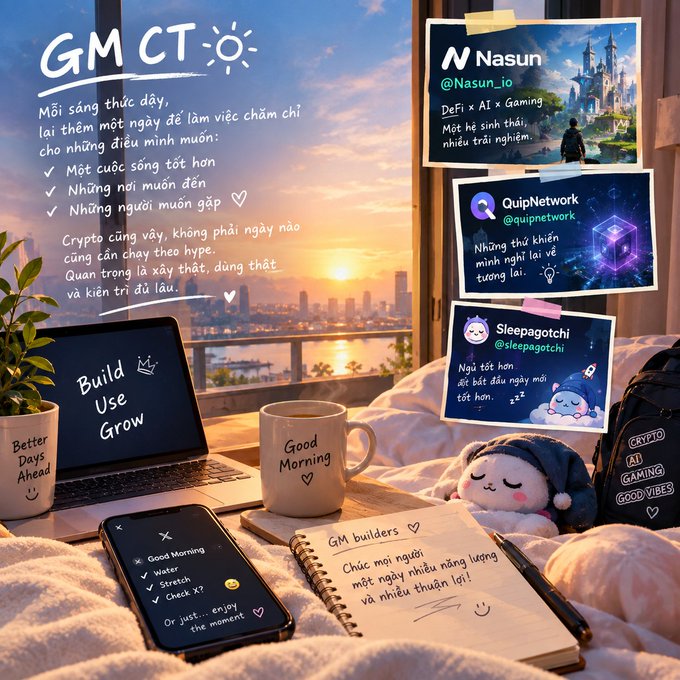 A 'GM CT' morning greeting image featuring Vietnamese text, screenshots of Nasun, QuipNetwork, and Sleepagotchi crypto projects, alongside a cozy scene with a coffee mug and laptop.