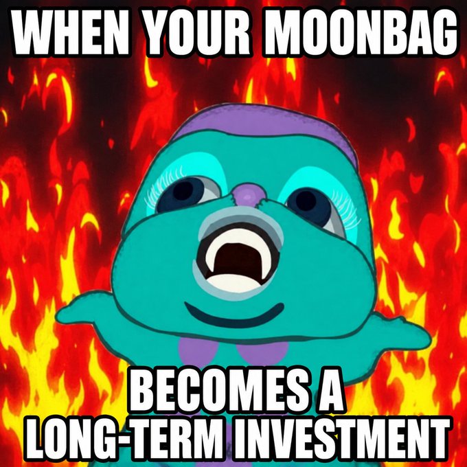 A meme featuring a crying blue cartoon character against a background of flames, with text reading 'WHEN YOUR MOONBAG BECOMES A LONG-TERM INVESTMENT'.