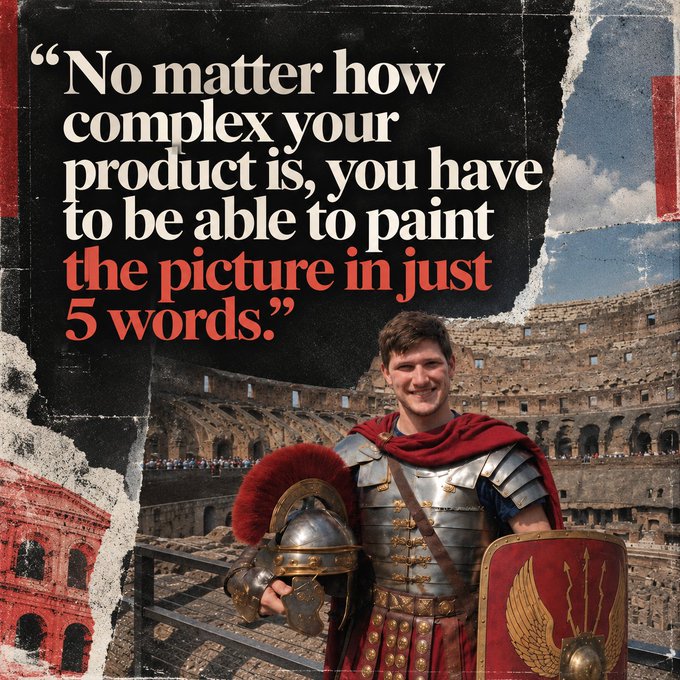 A graphic featuring the quote 'No matter how complex your product is, you have to be able to paint the picture in just 5 words.' displayed over a photo of a man in Roman soldier armor at the Colosseum.