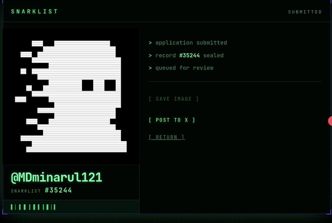 A dark-themed 'SNARKLIST' submission interface displaying a pixelated ghost icon, the username '@MDminarul121', and a confirmation message stating 'application submitted' and 'record #35244 sealed'.