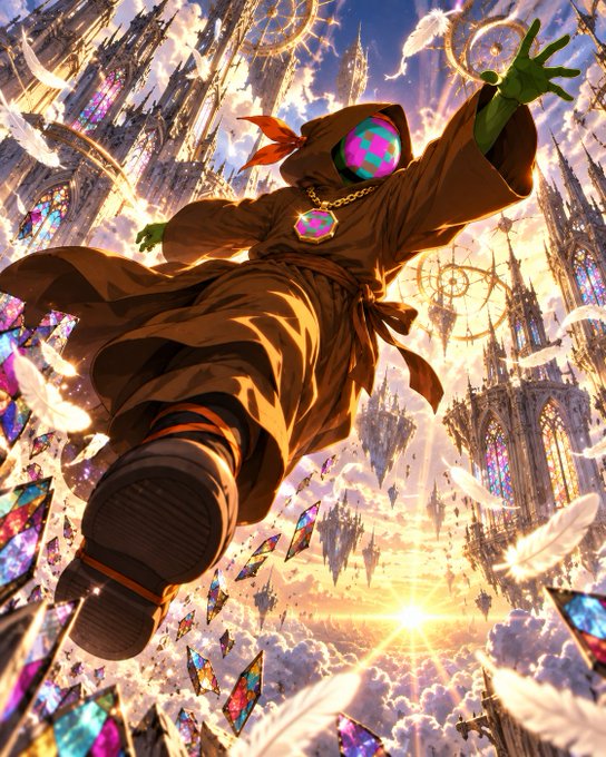 A vibrant digital artwork depicts a green-skinned figure in a brown robe with a colorful ball as a head, floating upward through a fantastical sky filled with gothic spires, stained glass shards, and white feathers.
