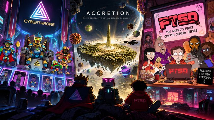 A promotional artwork for 'Accretion' 3D generative art on Bitcoin Ordinals, featuring characters on the left promoting 'CyberThrone' and characters on the right promoting 'PTSD: The World's First Crypto Comedy Series,' with figures in the foreground watching a floating fantasy landscape.