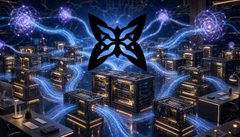 A digital artwork featuring a large butterfly emblem hovering above glowing treasure chests with blue energy streams radiating outward in a dark, cosmic setting.
