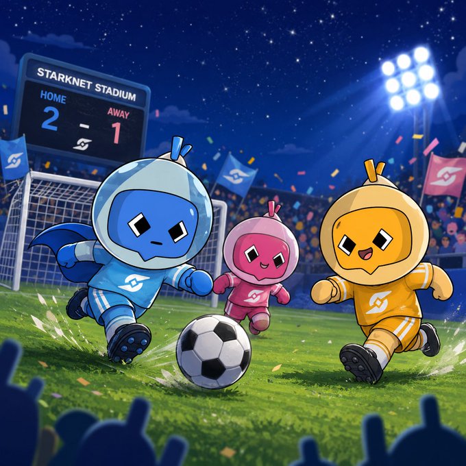An illustrated scene of three cartoon characters (blue, pink, and yellow) playing soccer at Starknet Stadium, with the scoreboard showing Home 2 - Away 1.