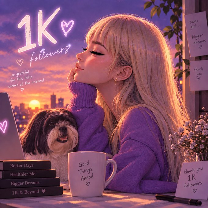 A celebratory illustration of a blonde girl in a purple sweater with her dog at sunset, thanking followers for reaching 1K, with text like '1K followers', 'so grateful for this little corner of the internet', 'Good Things Ahead', and 'thank you 1K followers'.