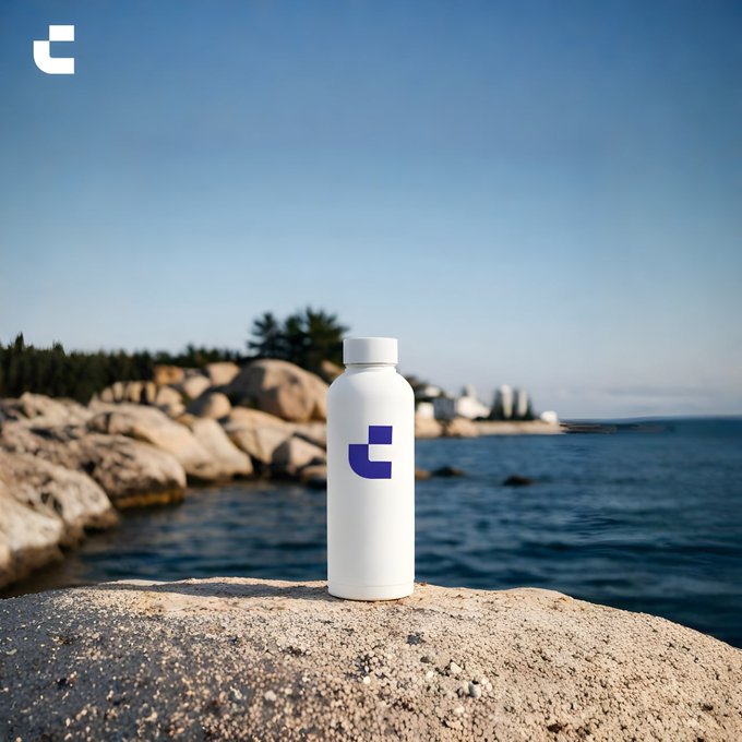 A white water bottle with a blue "C" or "t"-like logo sits on a large rocky outcrop by the sea, with a forested shoreline and clear blue sky in the background, visually echoing the post's "Liquidity secured. 💧" message through its water-themed imagery.