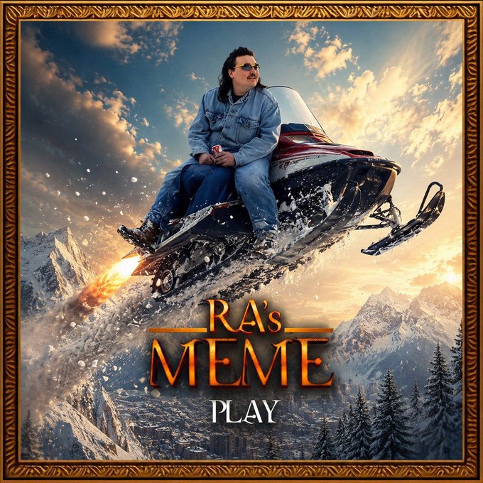 A person in a denim jacket and sunglasses rides a rocket-powered snowmobile across snowy mountain peaks, with the text "RA's MEME PLAY" displayed in golden lettering. The image captures the "send it" energy referenced in the post—evoking fearless momentum and risk-taking culture that aligns with the $LARRY token's identity as a decades-old meme turned crypto rallying cry.