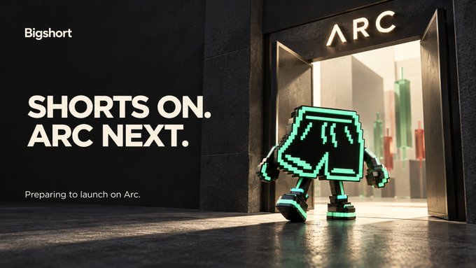 An advertisement reading 'Bigshort SHORTS ON. ARC NEXT. Preparing to launch on Arc.' featuring a pixelated green robot character walking through a doorway labeled 'ARC'.