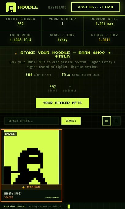 A mobile screenshot of the HOODL crypto platform dashboard showing a total staked amount of 992, a reward rate of 1.000 max, and a pixelated green staked NFT labeled '#4061' earning $HOO and $TSLA rewards.