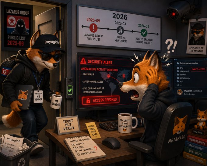An illustration shows an anthropomorphic fox labeled as a North Korean contractor on the left (marked "Lazarus Group Public List 2025-09") being interviewed by a startled Imyugioh character on the right, with a timeline showing the contractor was listed, hired via an HR vendor in March 2026, and granted "fi.at ramp-module" access by April 2026, alongside a security alert flagging anomalous IP activity and revoked access. The image visualizes the post's claim that North Korean operatives (Lazarus Group) infiltrated MetaMask's contractor pipeline by exploiting HR vendor vetting rather than bypassing internal security controls, highlighting the gap in the hiring process.
