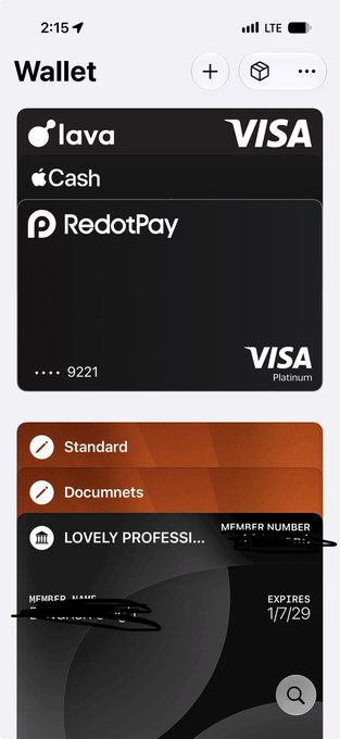 A screenshot of an iPhone Wallet app showing credit cards including 'lava' with Apple Cash, 'RedotPay' Visa Platinum ending in 9221, and other cards with sensitive numbers redacted.