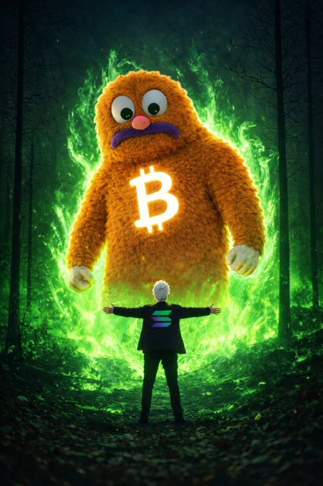 A person with white hair standing in a dark forest facing a giant, furry orange creature with a sad face and a glowing Bitcoin symbol on its chest, surrounded by green flames.