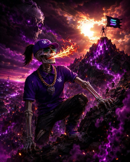 A dramatic digital artwork of a skeleton wearing a purple polo shirt, gold chain, and cap, breathing fire while crouched on rocks against a purple, fiery landscape with a glowing skull.