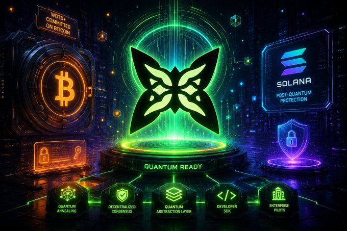 A futuristic digital graphic featuring a glowing green butterfly emblem at the center with 'QUANTUM READY' text, surrounded by elements including a Bitcoin logo, a Solana shield labeled 'SOLANA POST-QUANTUM PROTECTION', and feature tags like 'WOTS+ COMMITTES ON BITCOIN', 'QUANTUM ANNEALING', 'DECENTRALIZED CONSENSUS', 'QUANTUM ABSTRACTION LAYER', 'DEVELOPER SDK', and 'ENTERPRISE PILOTS'.