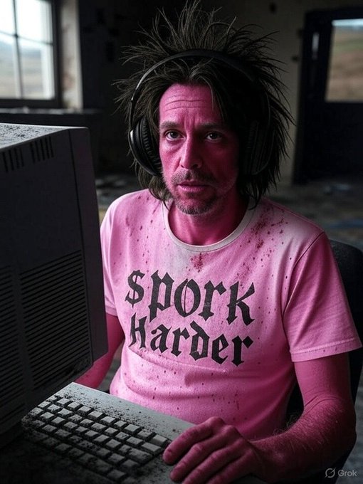 A Grok-generated image shows a disheveled man wearing headphones and a pink t-shirt reading 'SPORK KARDER' while sitting at an old CRT computer in an abandoned-looking room.
