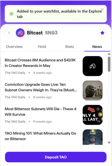 A notification confirms "Bitcast SN93" was added to the user's watchlist, and the screenshot showcases the News tab displaying recent articles from The TAO Daily, including headlines like "Bitcast Crosses 8M Audience and $423K in Creator Rewards in May," demonstrating the extension's ability to consolidate subnet-related news directly within the app as mentioned in the post.