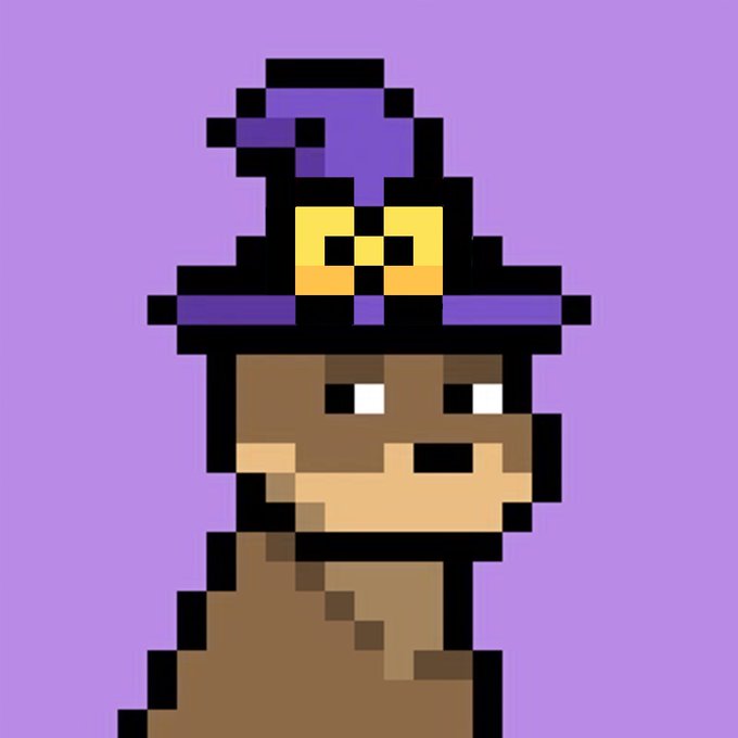 A pixel art illustration of a brown dog wearing a purple wizard hat with a buckle, set against a solid purple background.