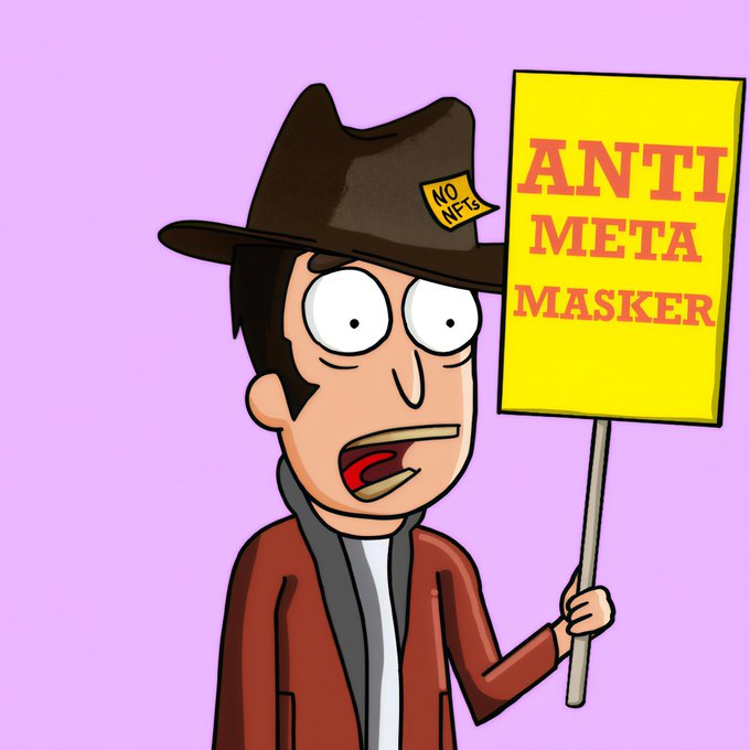 A cartoon illustration of a wide-eyed man wearing a brown fedora labeled 'NO NFTs' and holding a yellow sign that reads 'ANTI META MASKER' against a pink background.