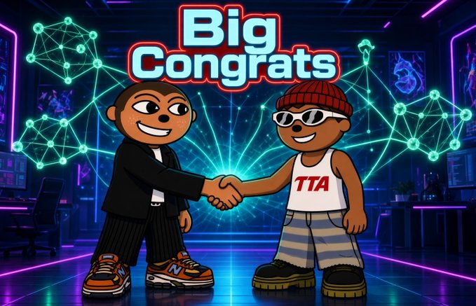 A cartoon "Big Congrats" graphic showing two stylized characters shaking hands in a neon-lit cyberpunk setting, one wearing a shirt labeled "TTA."