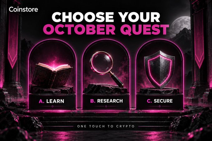 A 'Coinstore' promotional banner reading 'CHOOSE YOUR OCTOBER QUEST' with three options: 'A. LEARN', 'B. RESEARCH', and 'C. SECURE' displayed on pedestals.