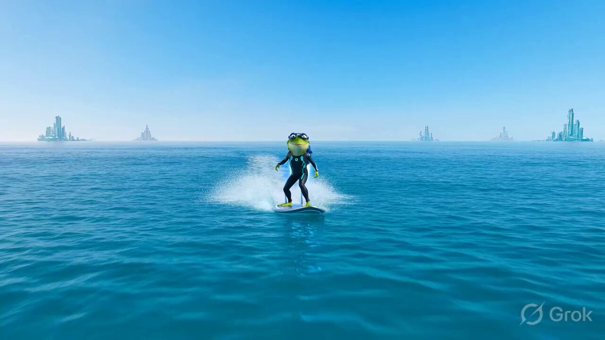 The image features a cartoon frog riding a surfboard on top of a body of water, possibly an ocean or sea. The scene includes several other cartoon characters scattered throughout the background, adding depth and interest to the composition. The caption above the image reads "Happy Monday fam Are you ready for the massive altseason @XOOBNetwork $RIVER @RiverdotInc @River4fun". This suggests that the image is related to a post about surfing or water activities on Monday morning.