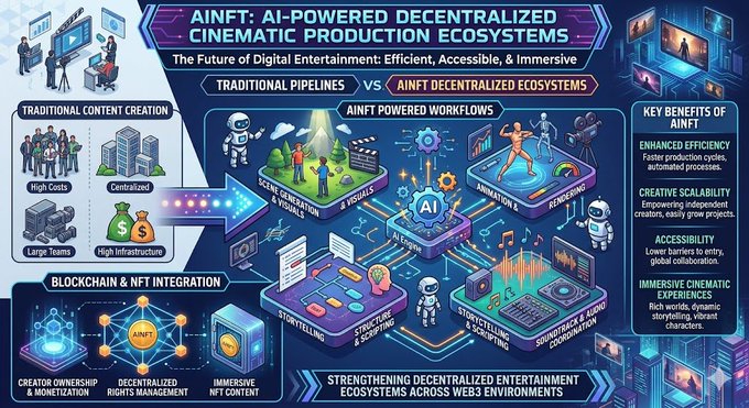 The image features a colorful infographic about AI and its impact on cinema production systems. At the top of the poster, there are two headlines that describe the content, with the first one being "AINFT AI-powered decentralized cinematic production ecosystems". The subtitle below the first headline is "Focus on what is in the image and how it relates to the post", which clearly states that the infographic explains artificial intelligence's role in modern cinema.