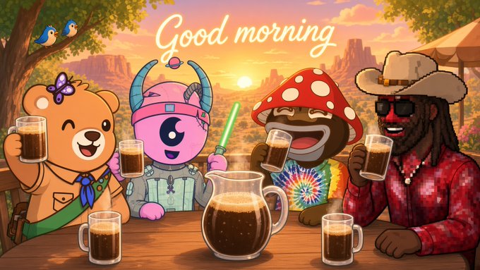 A cartoon illustration with the text 'Good morning' showing a bear, a pink character, a mushroom, and a cowboy-hat-wearing figure in sunglasses drinking coffee together with a jug and glasses on a table.