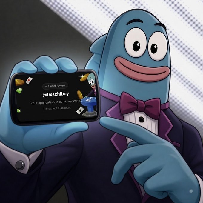 A cartoon-style illustration of a blue fish-like character wearing a tuxedo, holding a smartphone displaying an 'Under review' message for the user '@0xsch1boy' asking them to disconnect their X account.