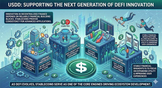 The image shows a colorful illustration depicting the stages of innovation in DeFi, which is supported by the USDC. The stages include stablecoins, financial building blocks, and decentralized finance innovations. The illustration emphasizes that the next generation of DeFi innovation depends on reliable financial building blocks such as stablecoins to create more advanced applications and services.