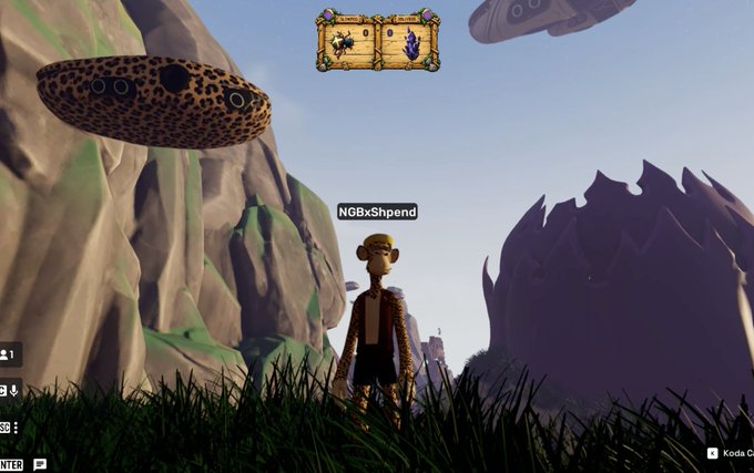 A video game character named 'NGBxShpend' stands in a rocky landscape with floating UFO-like objects and a UI element showing character icons.